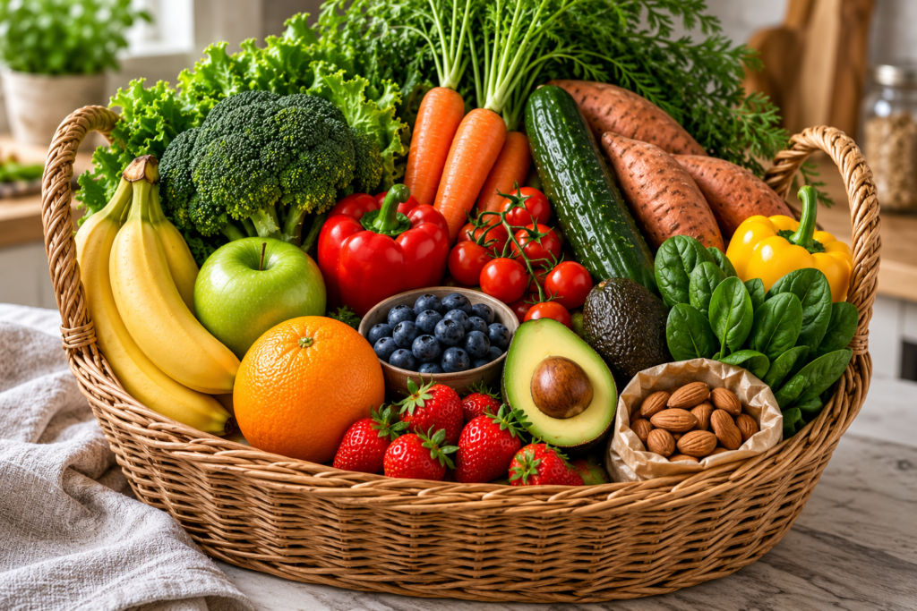 Cesta de frutas y verduras frescas variadas para una alimentación saludable