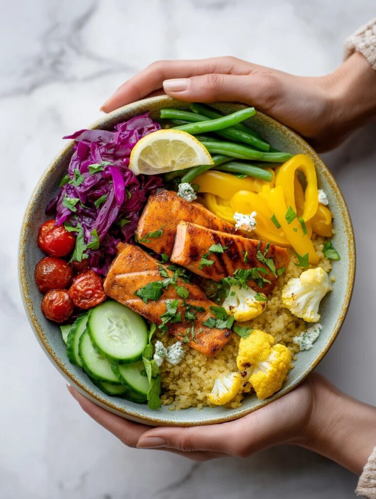 Bowl saludable de salmón, quinoa y verduras frescas