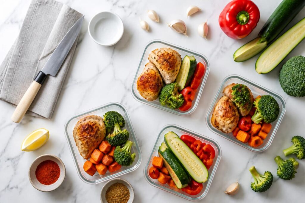 Meal prep de pollo con verduras asadas y boniato