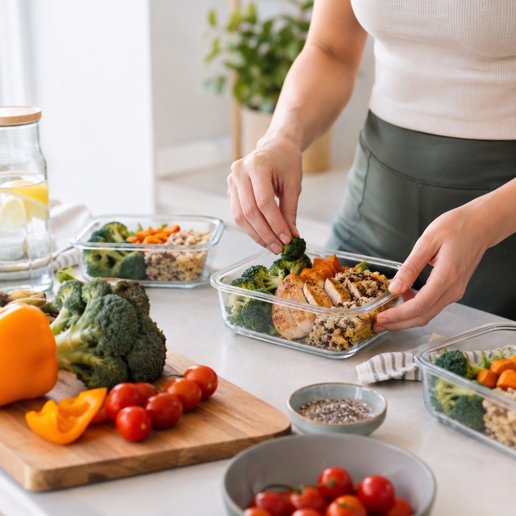 Persona organizando ingredientes frescos en la cocina para crear hábitos de alimentación saludable
